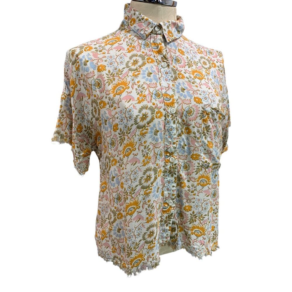 Medium Philosopy Womens Raw Edge Button Up Short Sleeve Shirt Blouse